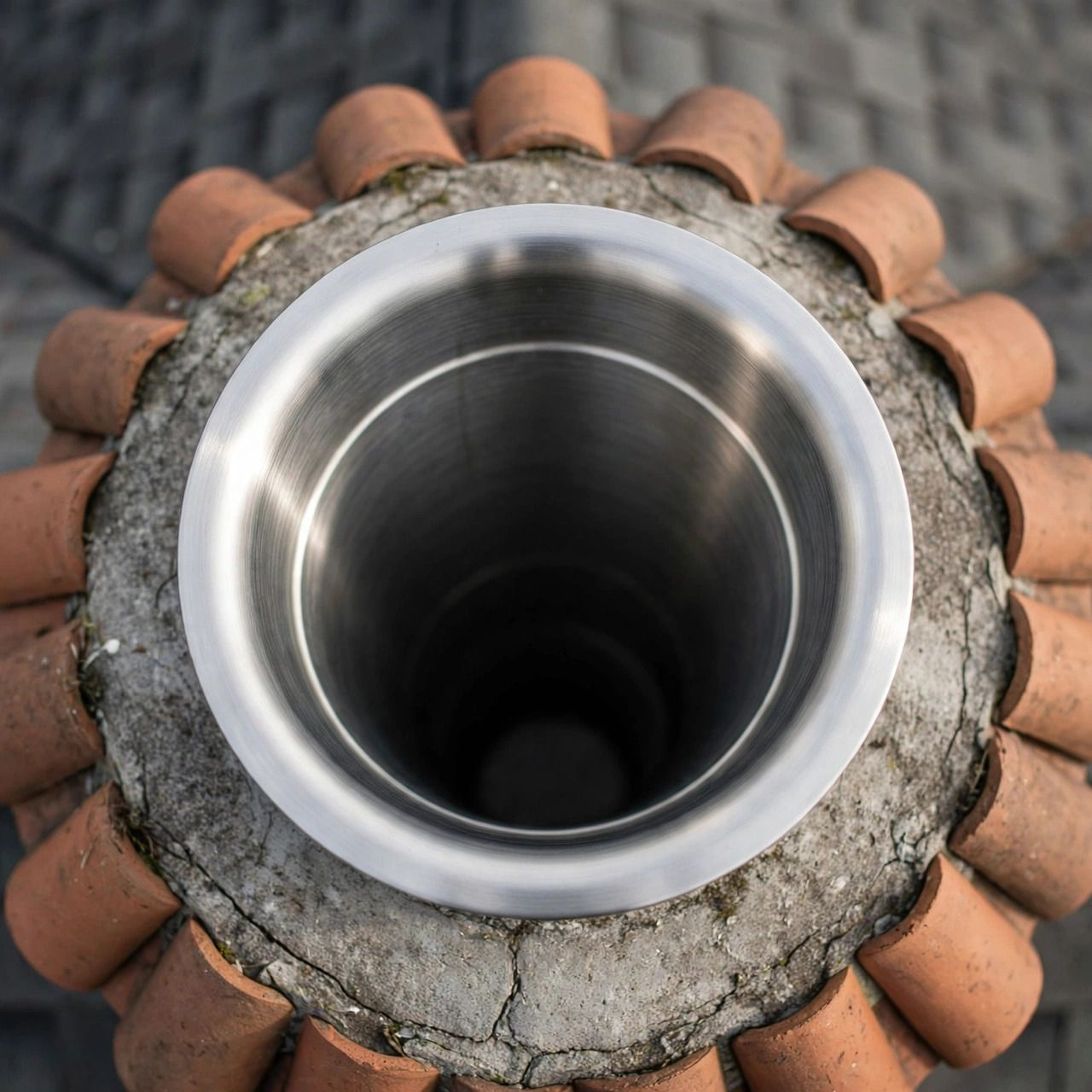Top view of a metal chimney or pipe opening surrounded by cracked concrete and terracotta tiles