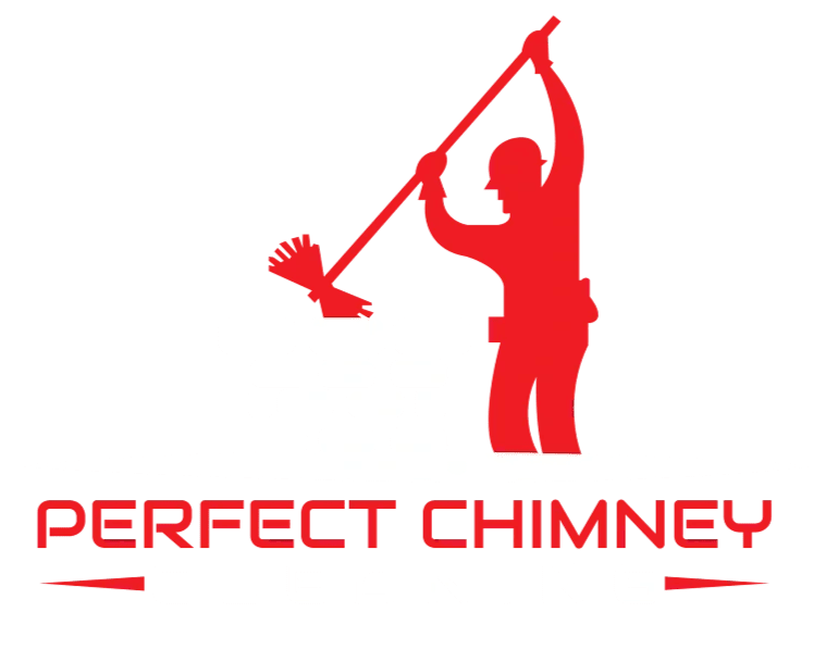 Red logo of chimney sweep holding a long brush above the words &ldquo;PERFECT CHIMNEY&rdquo;