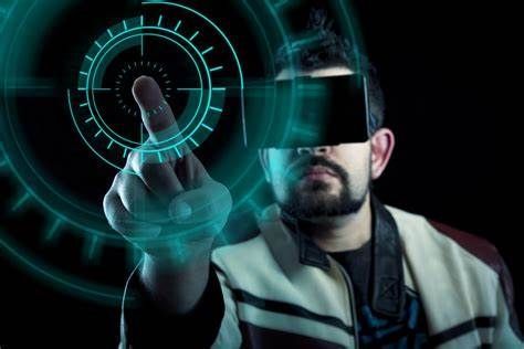 A man wearing a virtual reality headset is touching a screen.
