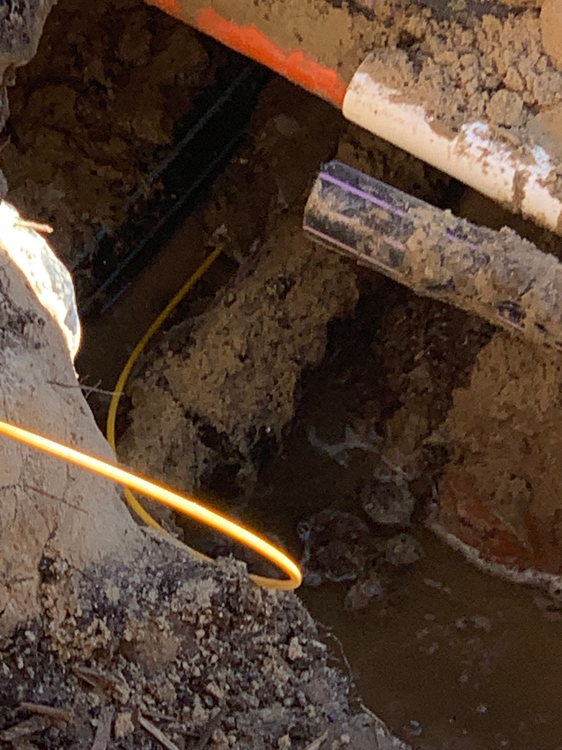 A hose is laying in the dirt next to a pipe.