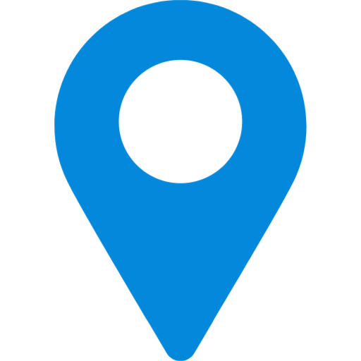 A blue map pin with a white circle in the middle.