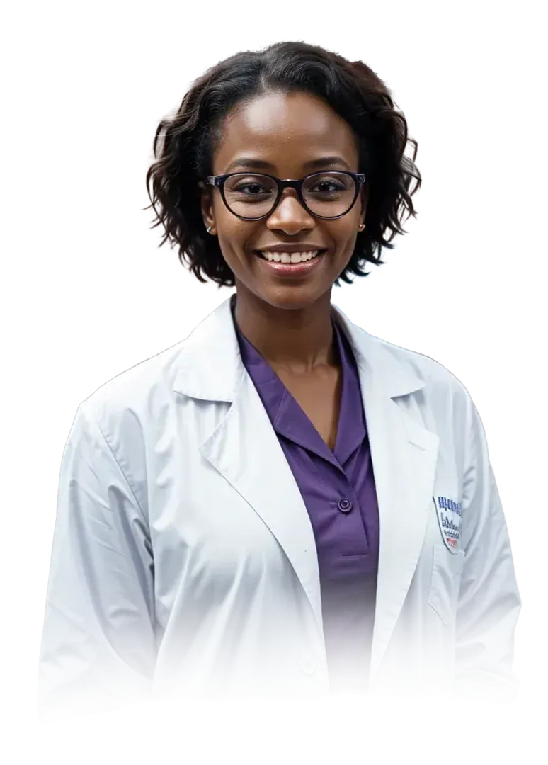 A woman wearing glasses and a white lab coat