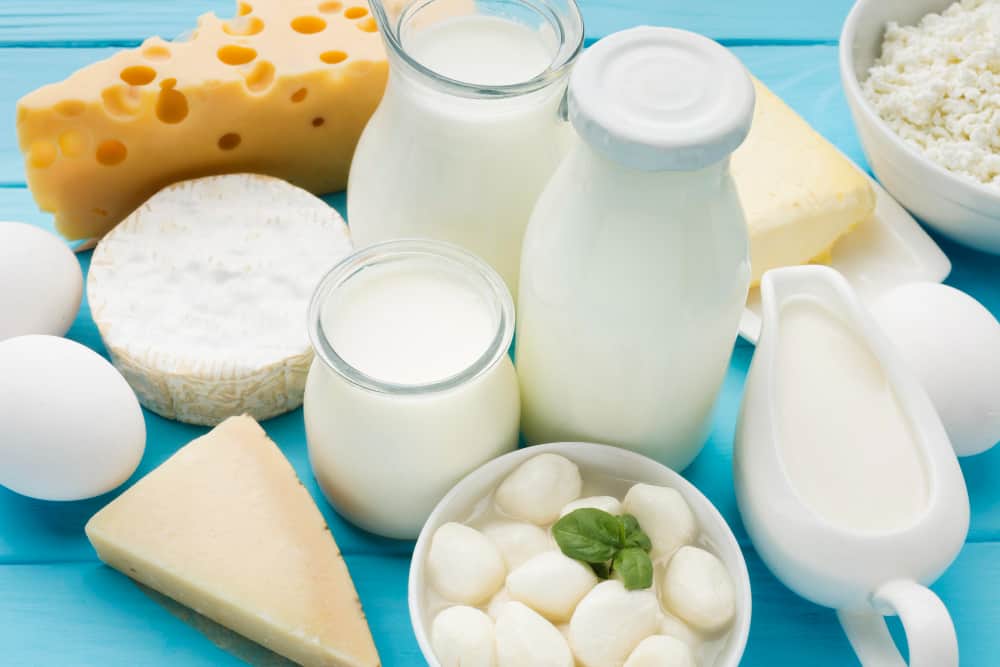 there are many different types of dairy products on the table .
