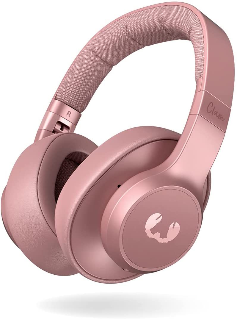 זוג אוזניות ורודות על רקע לבן.