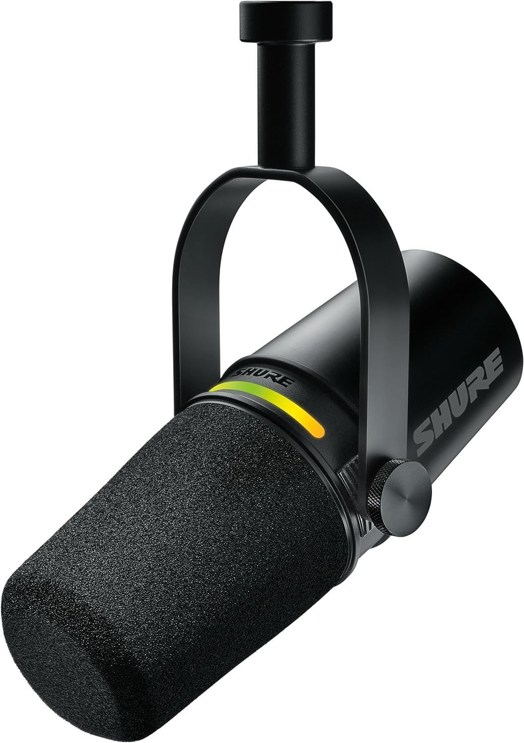 מיקרופון shure שחור עם פס צהוב עליו