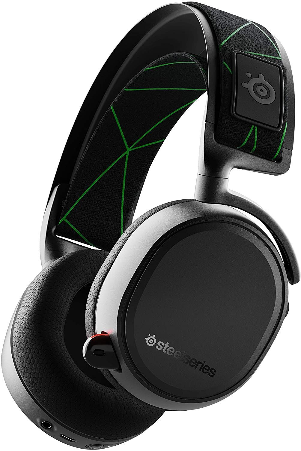 זוג אוזניות גיימינג אלחוטיות מסדרת steelseries arctis x עם סרט ירוק.