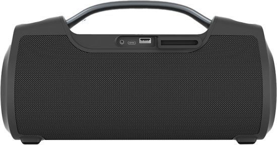 רמקול שחור עם ידית ורצועה על רקע לבן.