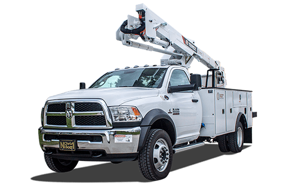 A white utility truck with a crane on top of it.