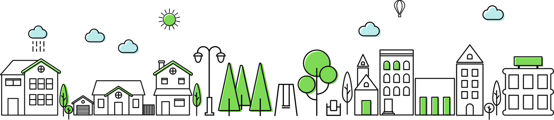 A line drawing of a city with trees and clouds