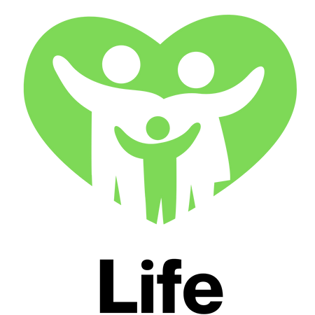 A green heart with two people inside of it and the word life below them.