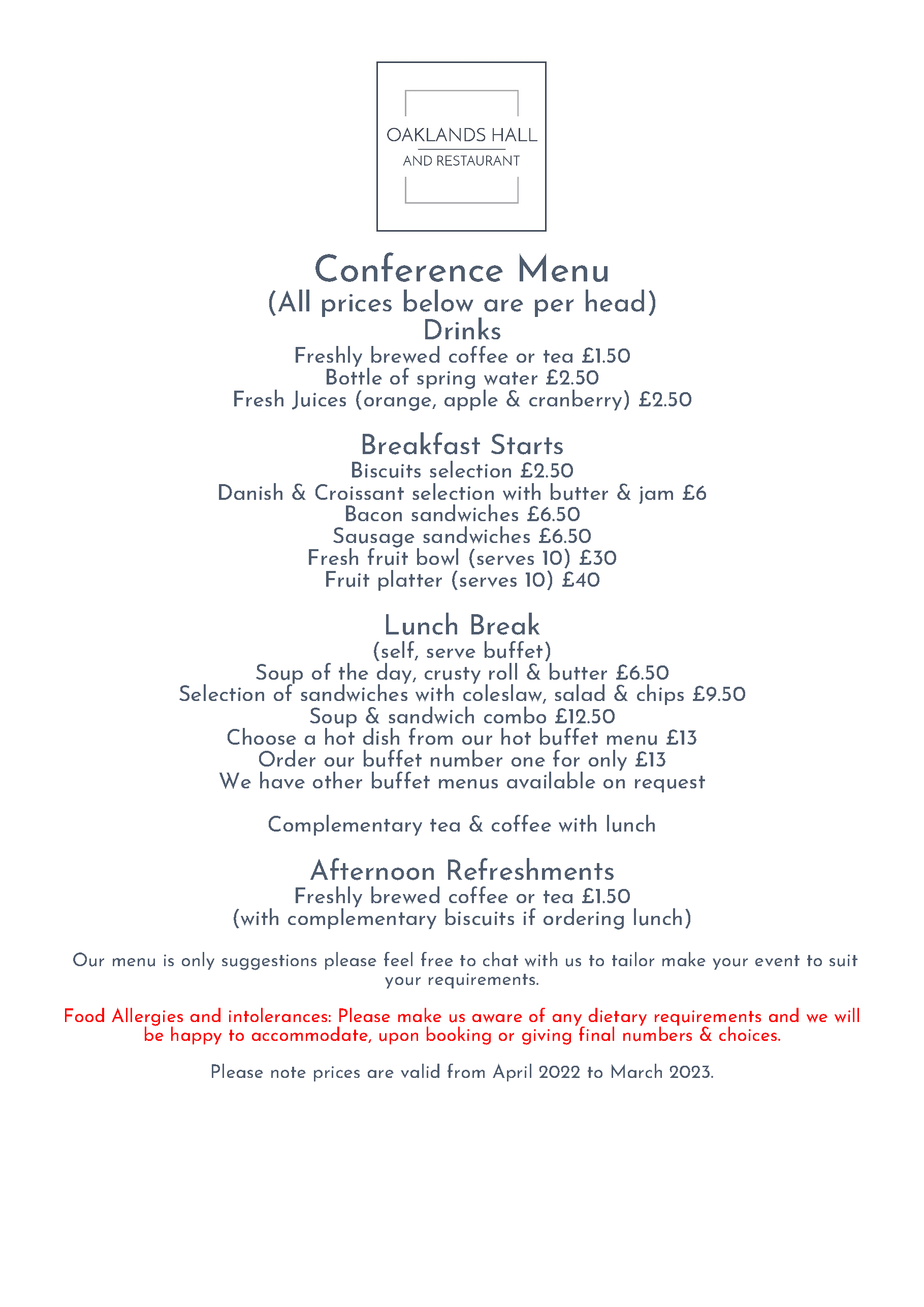 Oaklands Hall Menu
