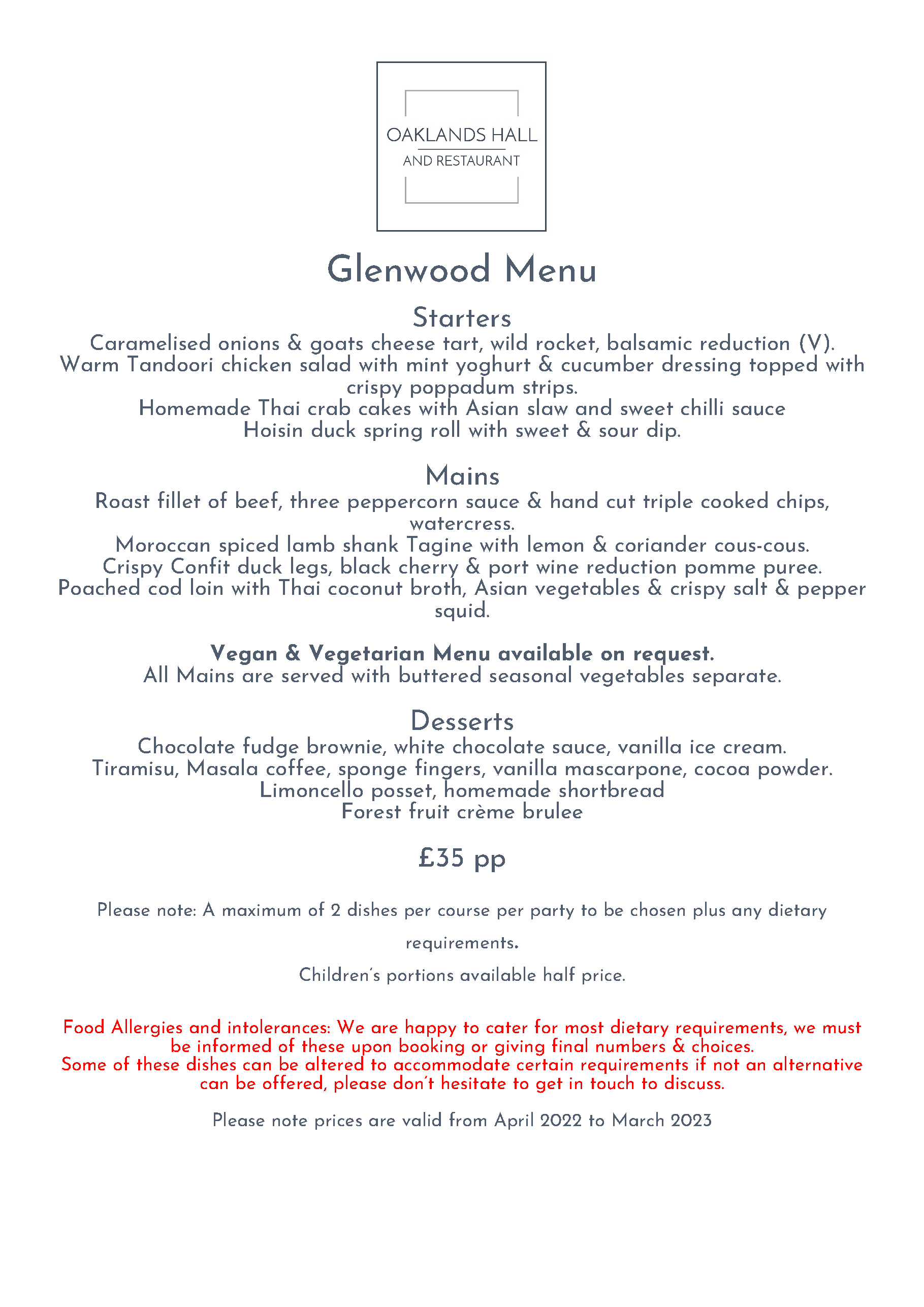 Oaklands Hall Menu