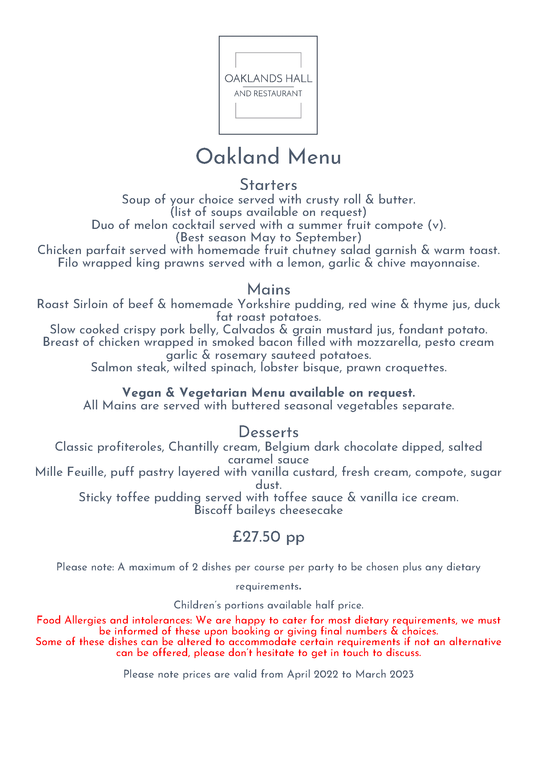 Oaklands Hall Menu