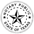 A circular Notary Public seal for the State of Texas featuring a five-pointed star in the center.