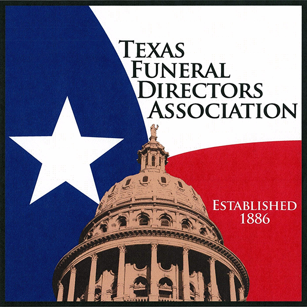 The Texas Funeral Directors Association logo features the Texas state capitol dome over the Texas state flag.