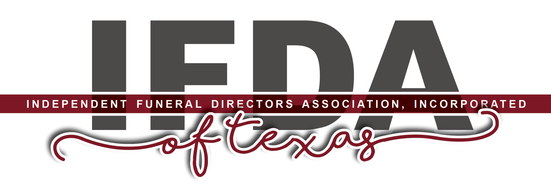 Logo for the Independent Funeral Directors Association of Texas featuring large dark grey text and burgundy accents.