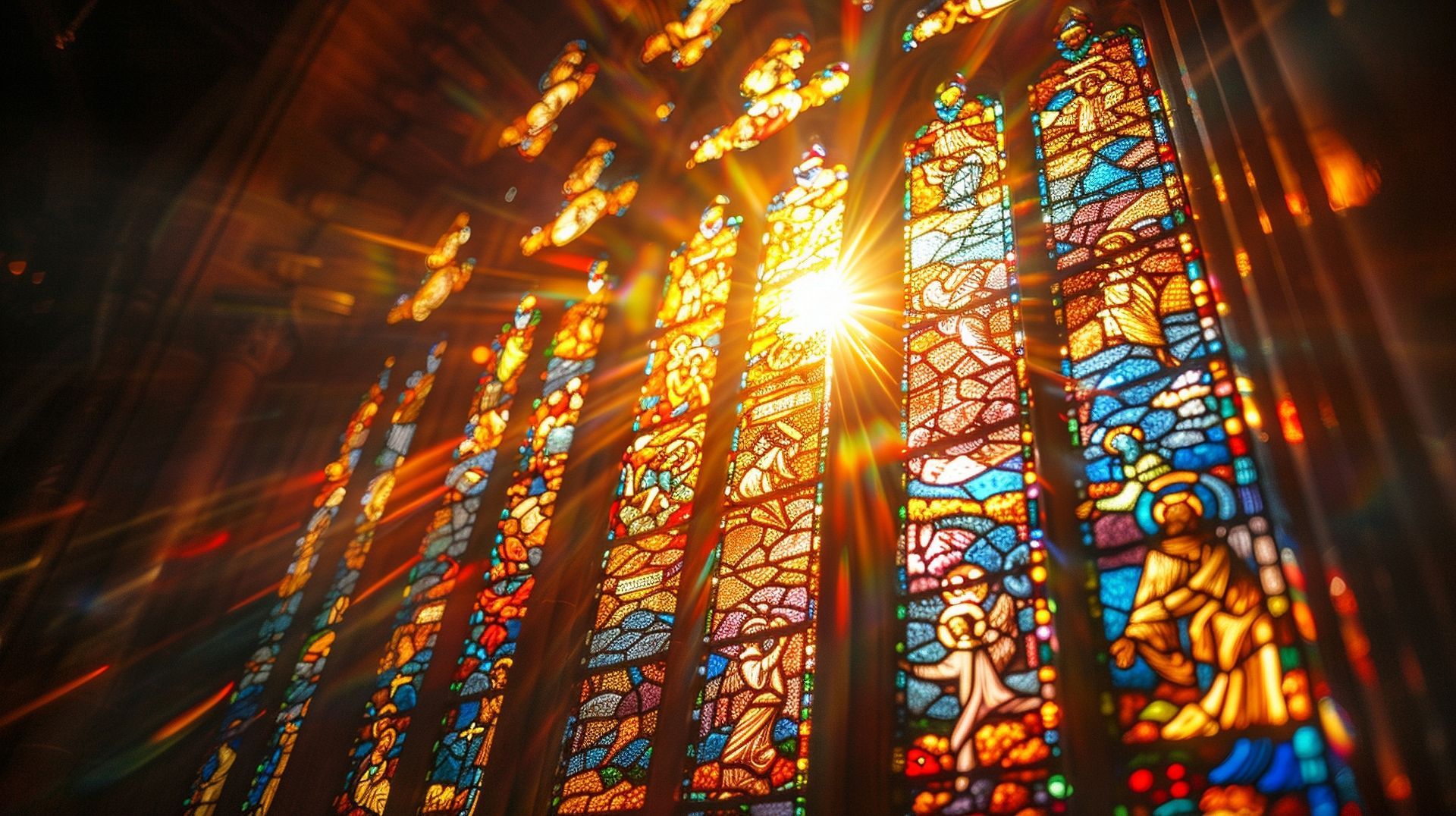 Sunlight streams through vibrant, ornate stained glass windows in a church, casting warm, radiant light and lens flares.