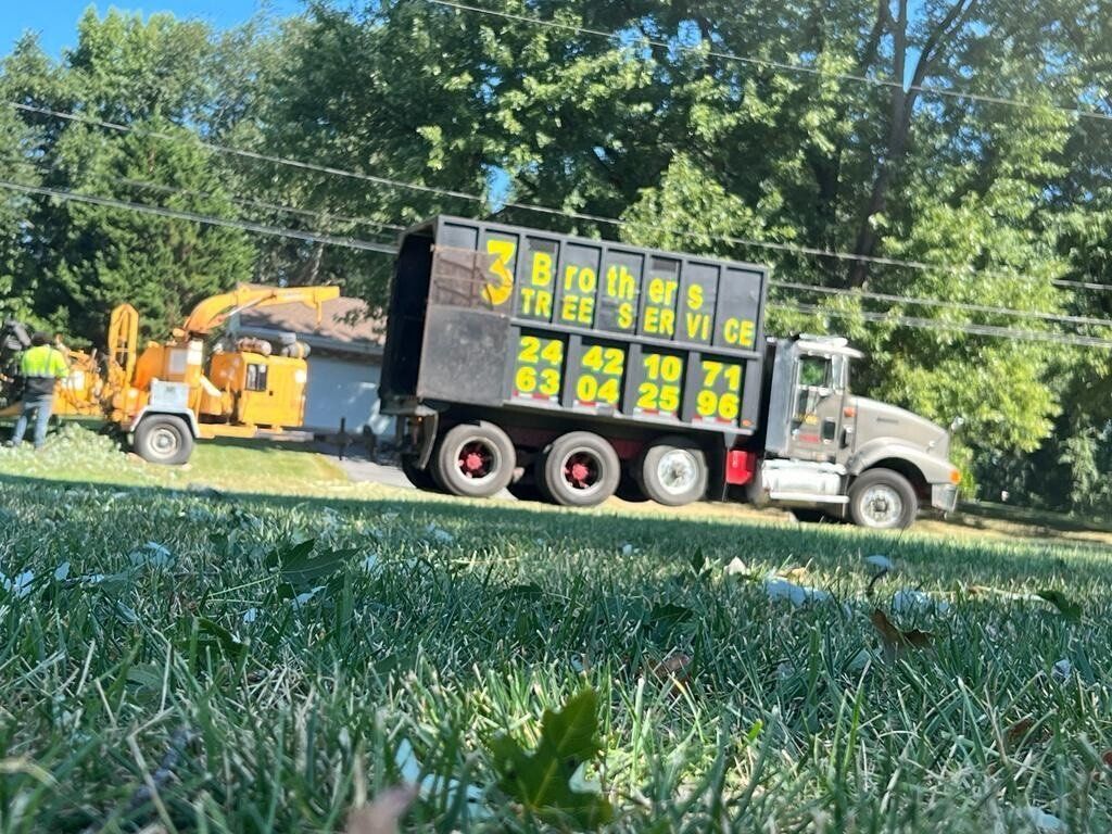 A dump truck is parked in the grass next to a tree chipper.