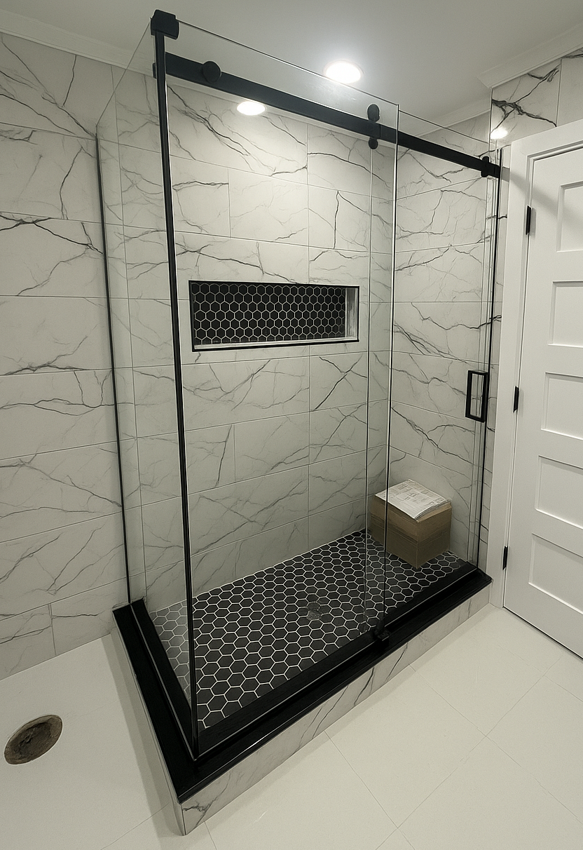 Modern shower with marble-look tile, black glass door, and pebble floor. Built-in shelf and bench.