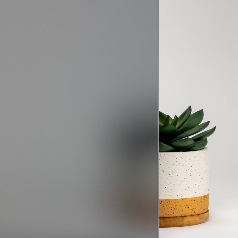 Frosted glass panel in front of a white speckled ceramic planter with a green succulent.