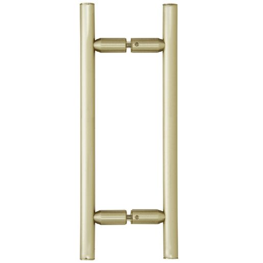 Gold-colored door pull handle. Vertical bars connected by smaller cylindrical pieces for mounting.