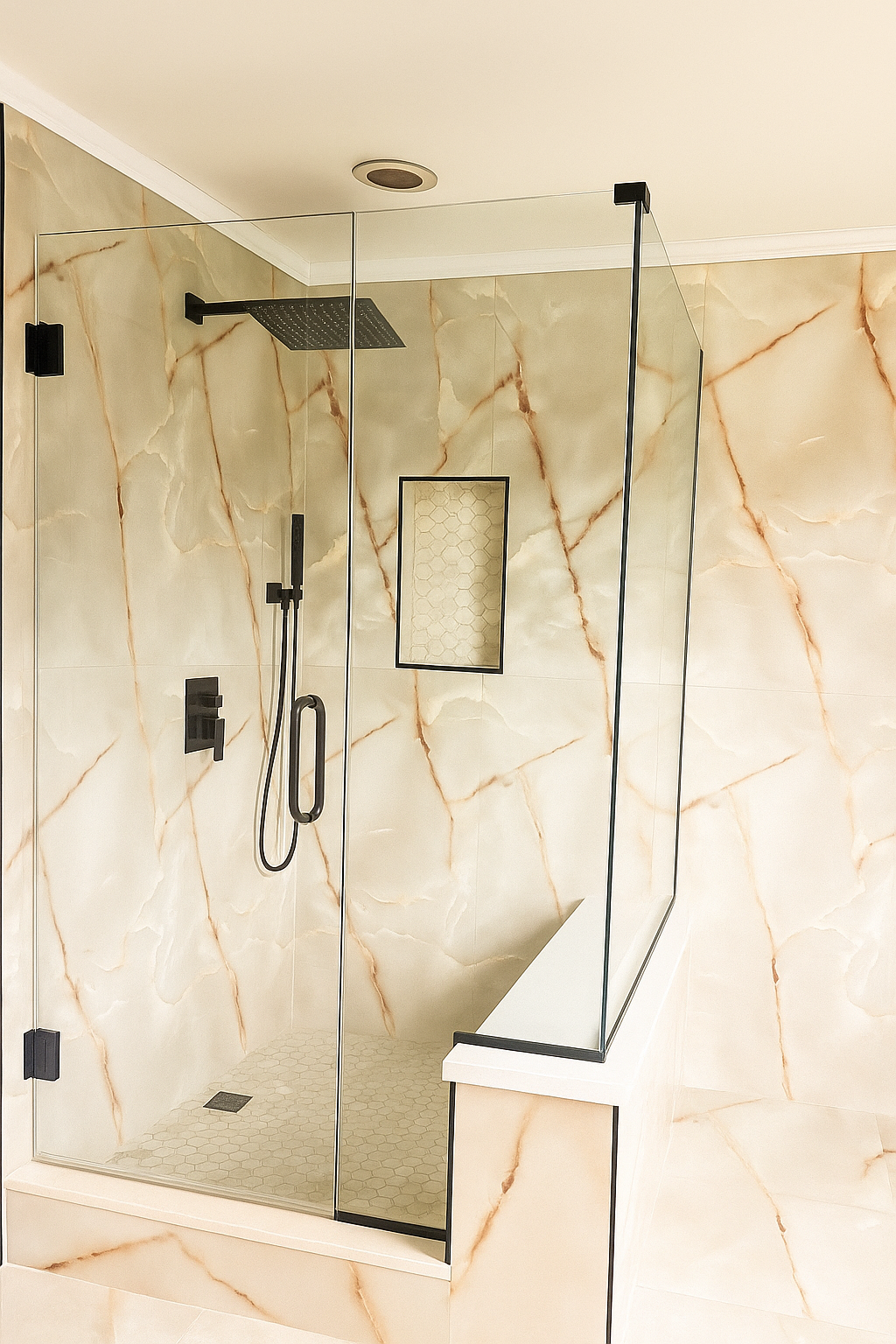 Glass shower enclosure with black fixtures and marble-look walls. Dearborn Heights