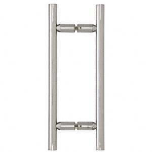 Stainless steel door pull handle. Vertical bars connected by smaller sections with screws.