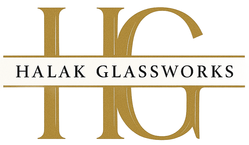 Logo for Halak Glassworks, gold letters