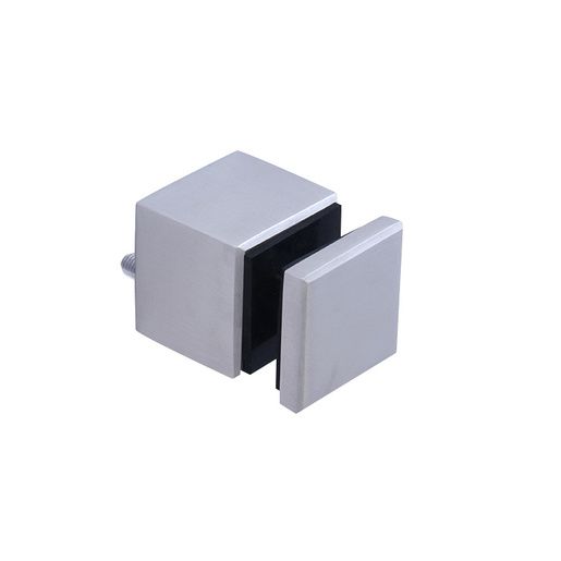 Silver square glass clamp with a black rubber insert and bolt.