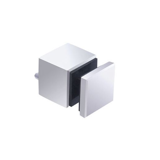 Square glass clamp, shiny silver finish. Consists of a cube and a square plate, used to secure glass panels.