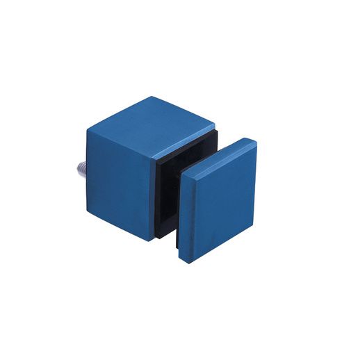 Blue glass clamp with a cube-shaped body and a rectangular plate, designed to hold glass panels.