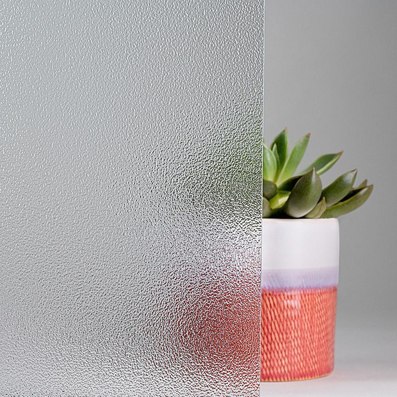 Textured glass sheet with a potted succulent plant in front.