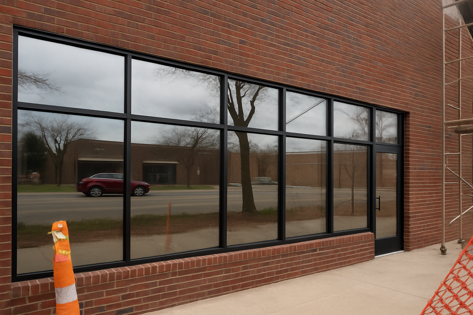 Brick building with large windows reflecting street scene and overcast sky.