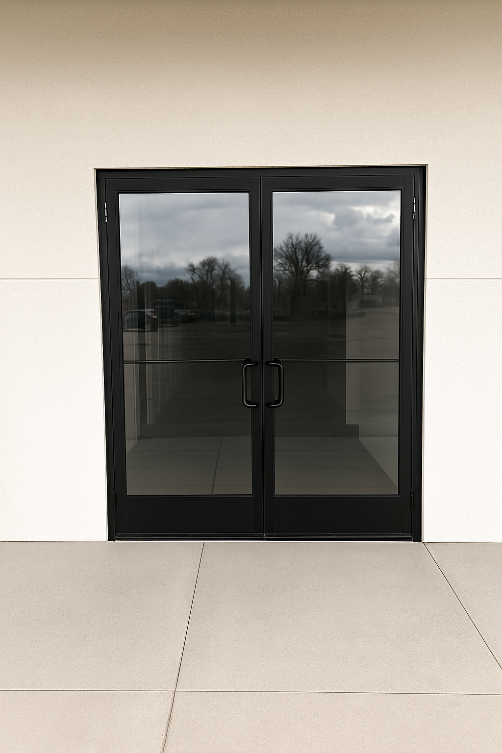 Black double doors with glass panels reflecting a cloudy sky and trees, set in a beige wall.