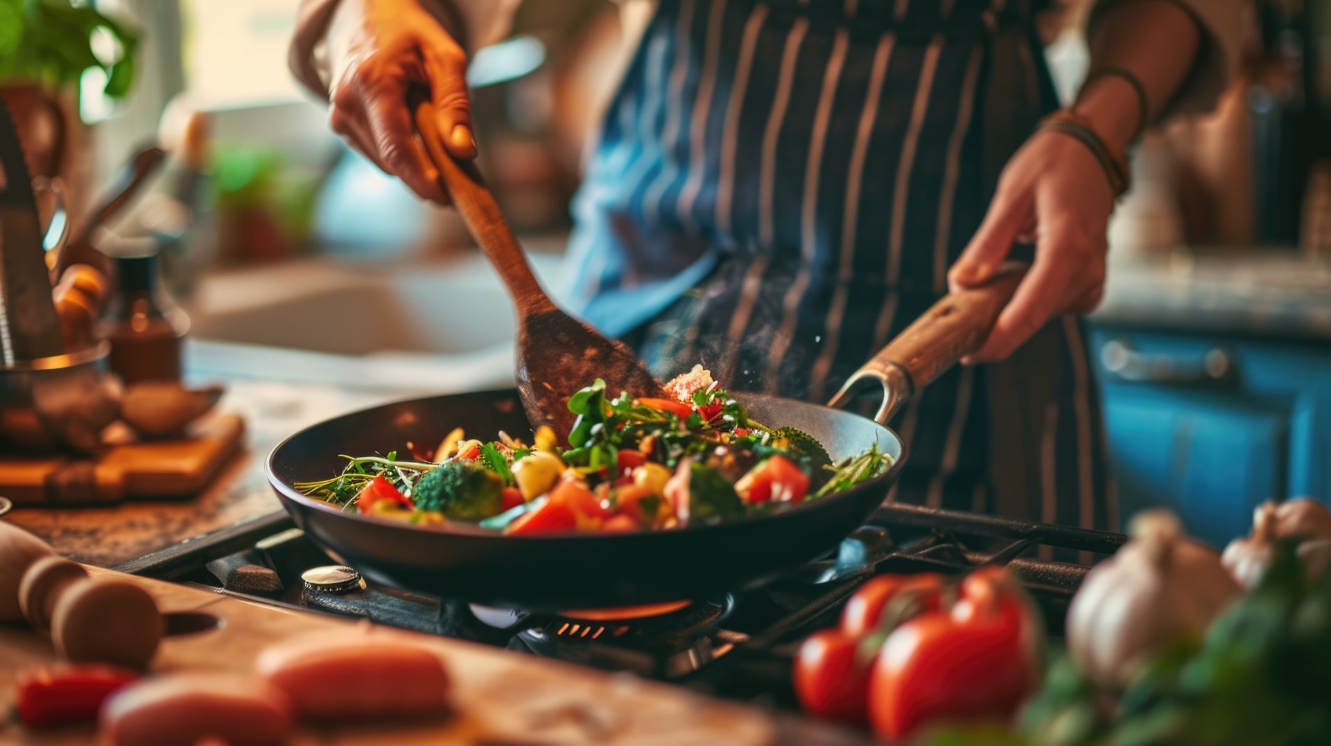 A person is cooking vegetables in a frying pan on a stove.