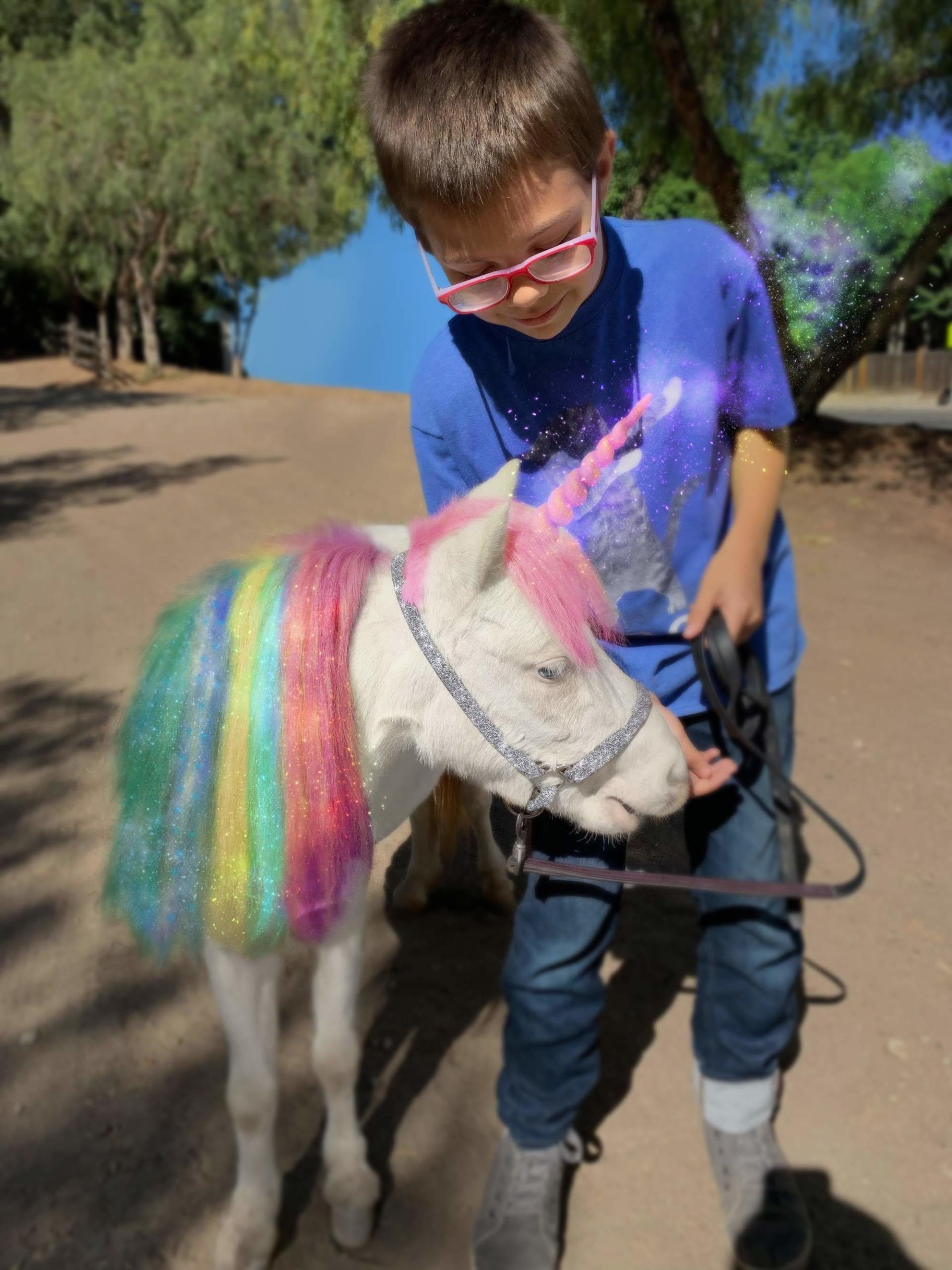 Boy with a pony that is dressed up as a unicorn.