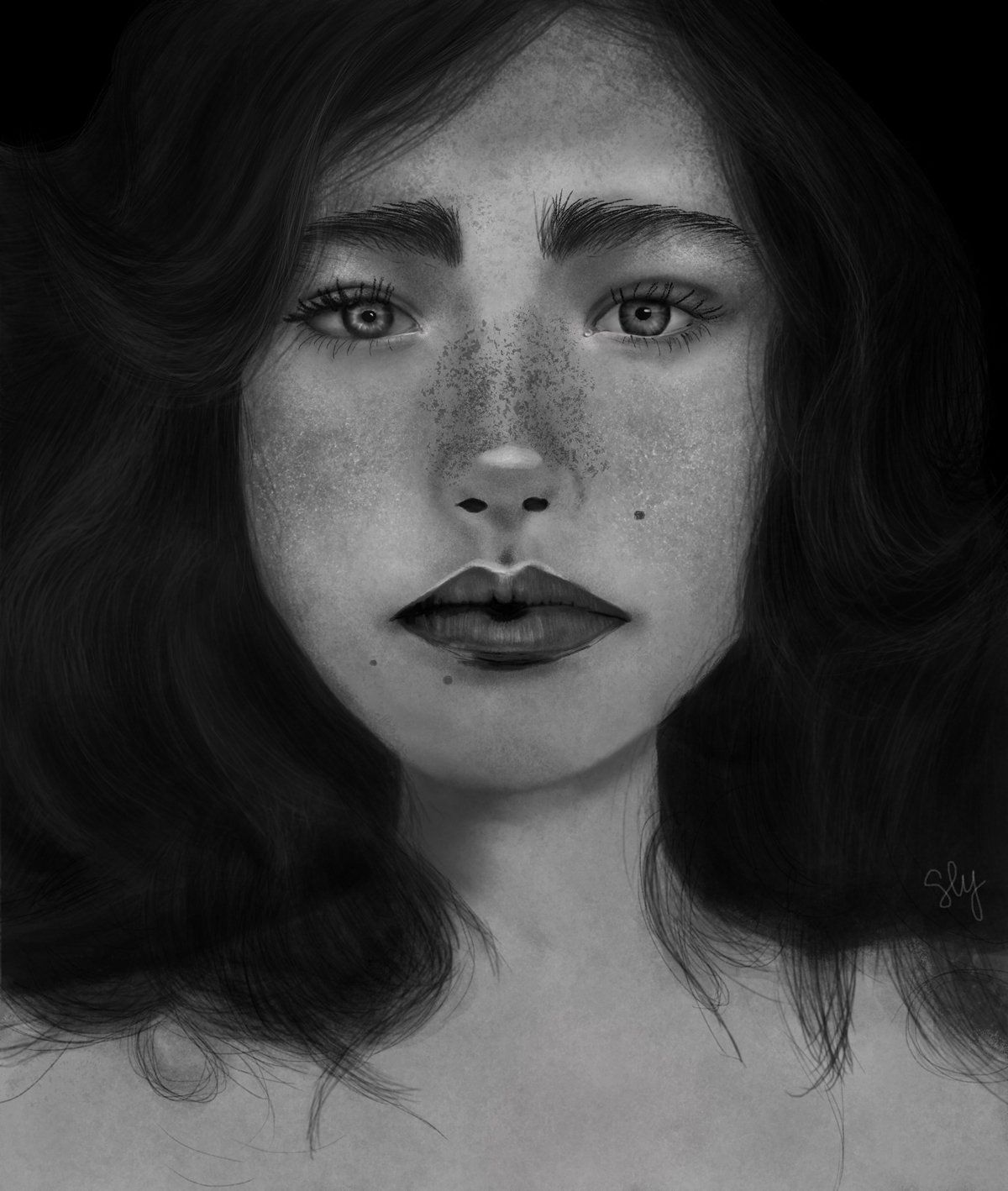 2020 Quarantine Art - portrait of young woman with freckles and distant gaze. 