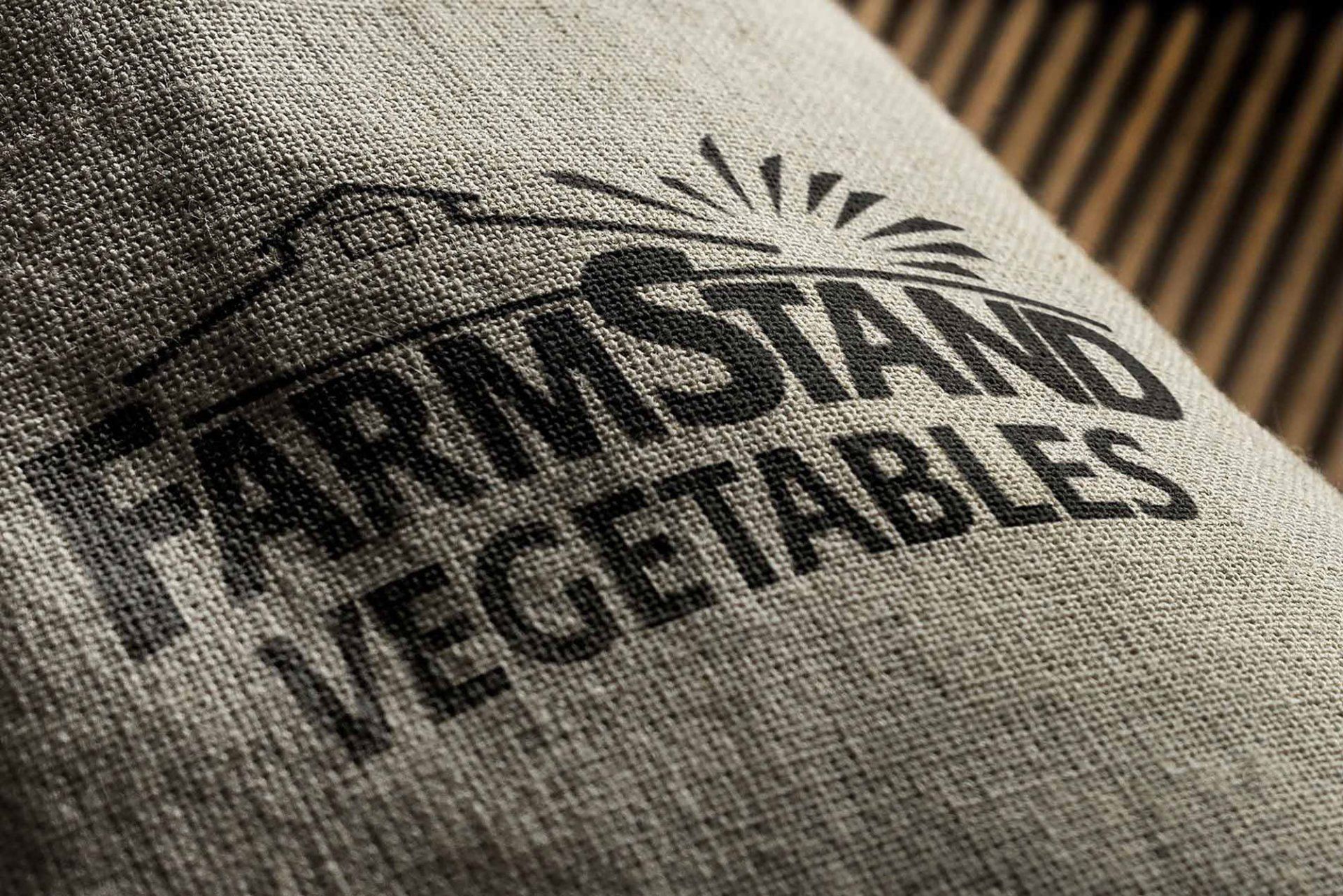Home Depot's Farmstand Vegetables logo printed on a potato sack.