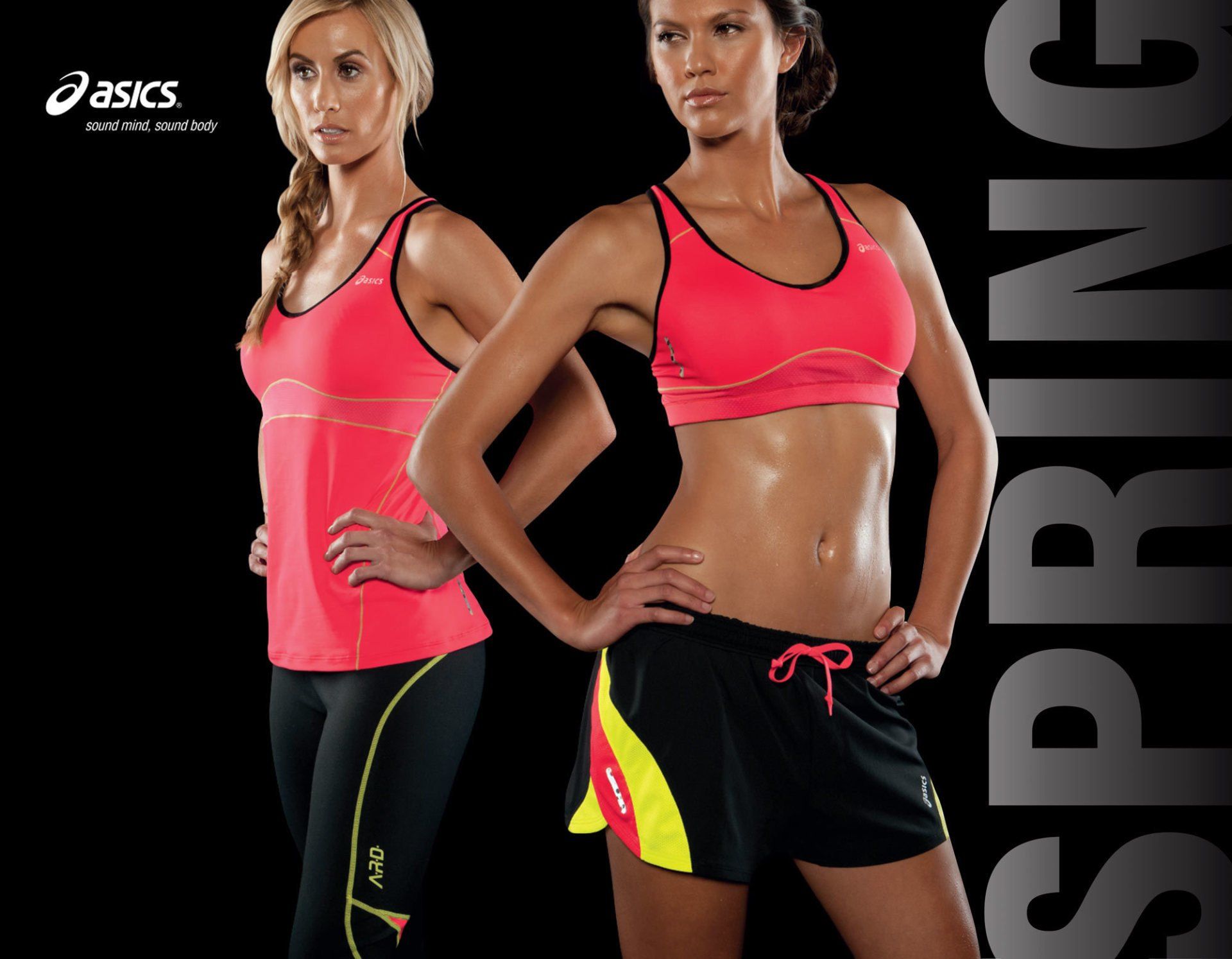 Cover of ASICS Spring Lookbook with two athletic women in bright colored tank, sports bra, & shorts