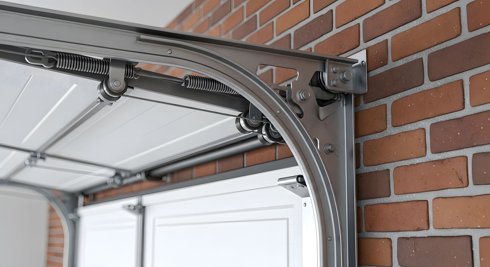 Detailed view of a garage door system, highlighting components used in garage door spring repair. Detailed view of a garage door system, highlighting components used in garage door spring repair.