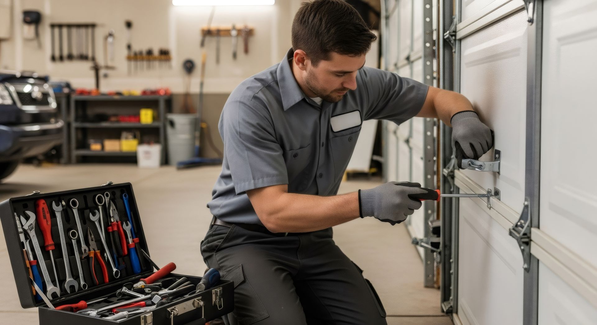 Technician installing a garage door with a toolbox open nearby in a home garage. Technician installing a garage door with a toolbox open nearby in a home garage.