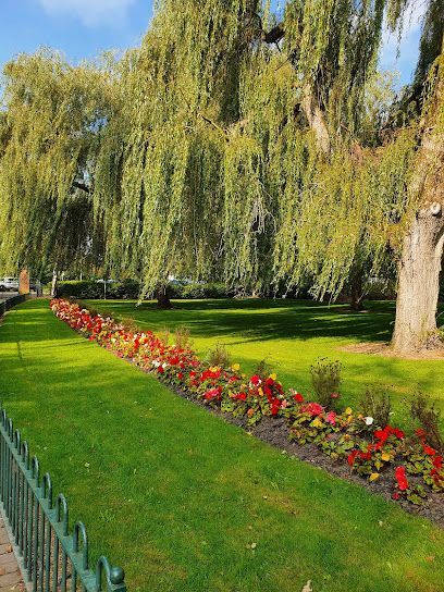 A manicured lawn with a vibrant, curved flowerbed featuring red and yellow blooms beneath large, weeping willow trees.
