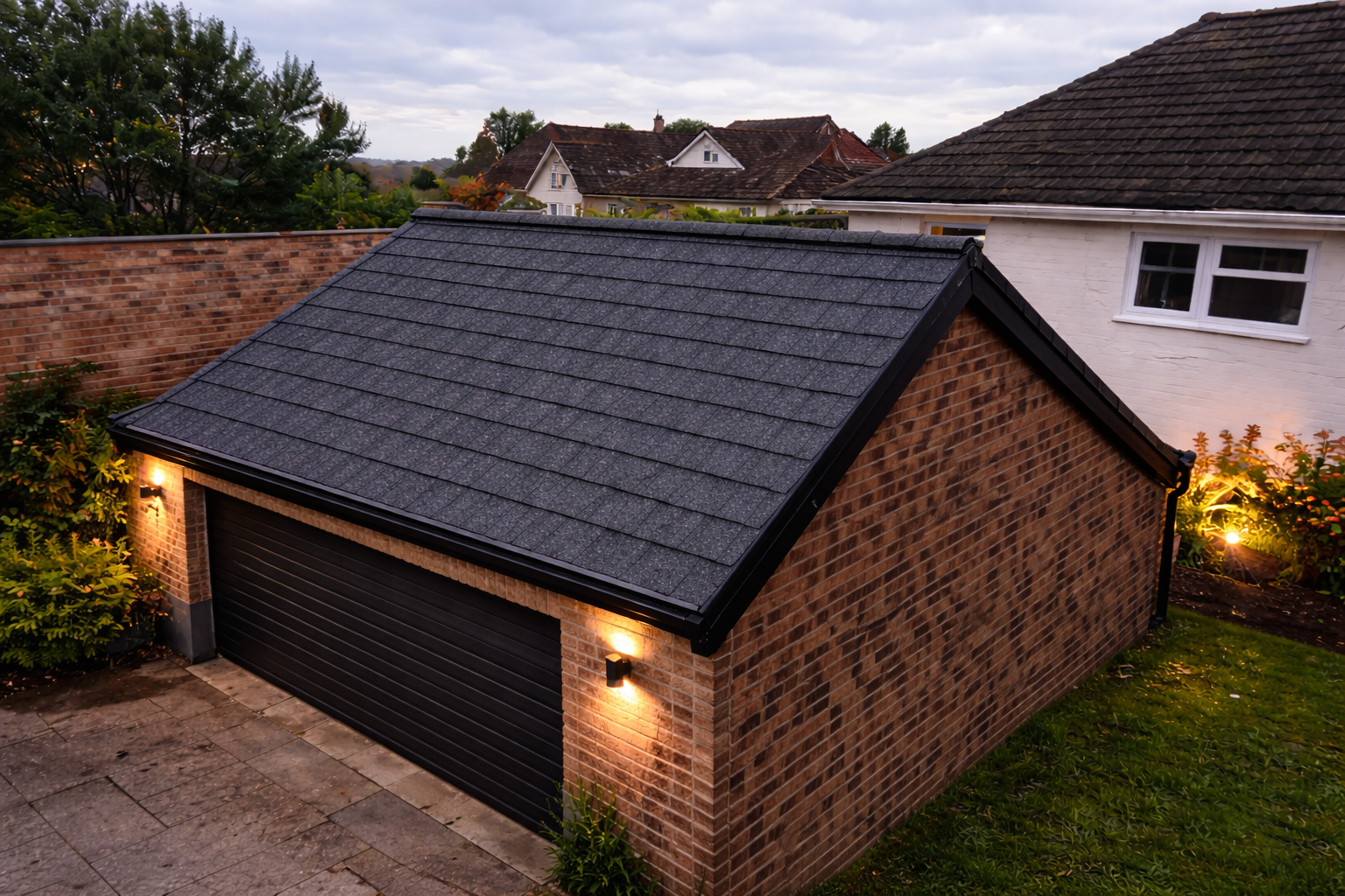 Brick garage with a black roof and lit exterior lights at dusk, seen from above.