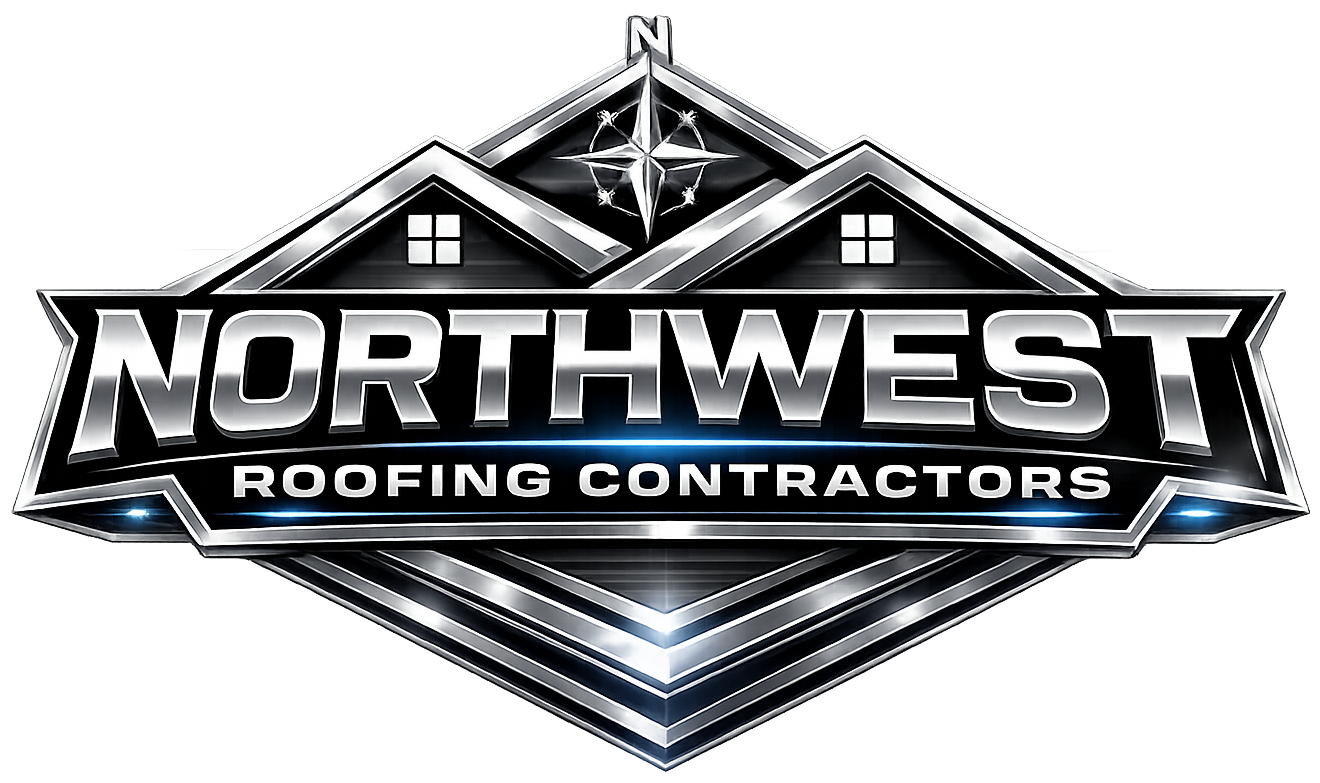 Logo for Northwest Roofing Contractors, silver and blue metallic design with a house outline and a compass rose.