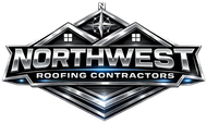 Logo for Northwest Roofing Contractors, silver and blue metallic design with a house outline and a compass rose.