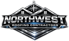 Logo for Northwest Roofing Contractors, silver and blue metallic design with a house outline and a compass rose.
