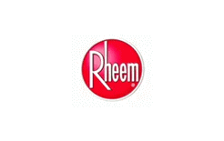 A red and white logo for rheem on a white background.