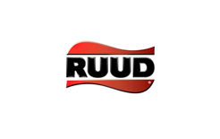 A red and black logo for ruud on a white background