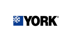 The logo for york is black and blue with a snowflake.