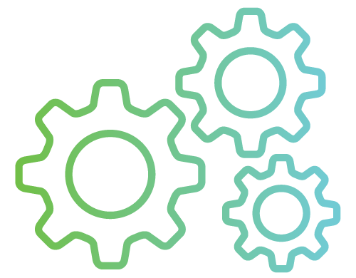Three interlocking gears with a green to blue gradient.